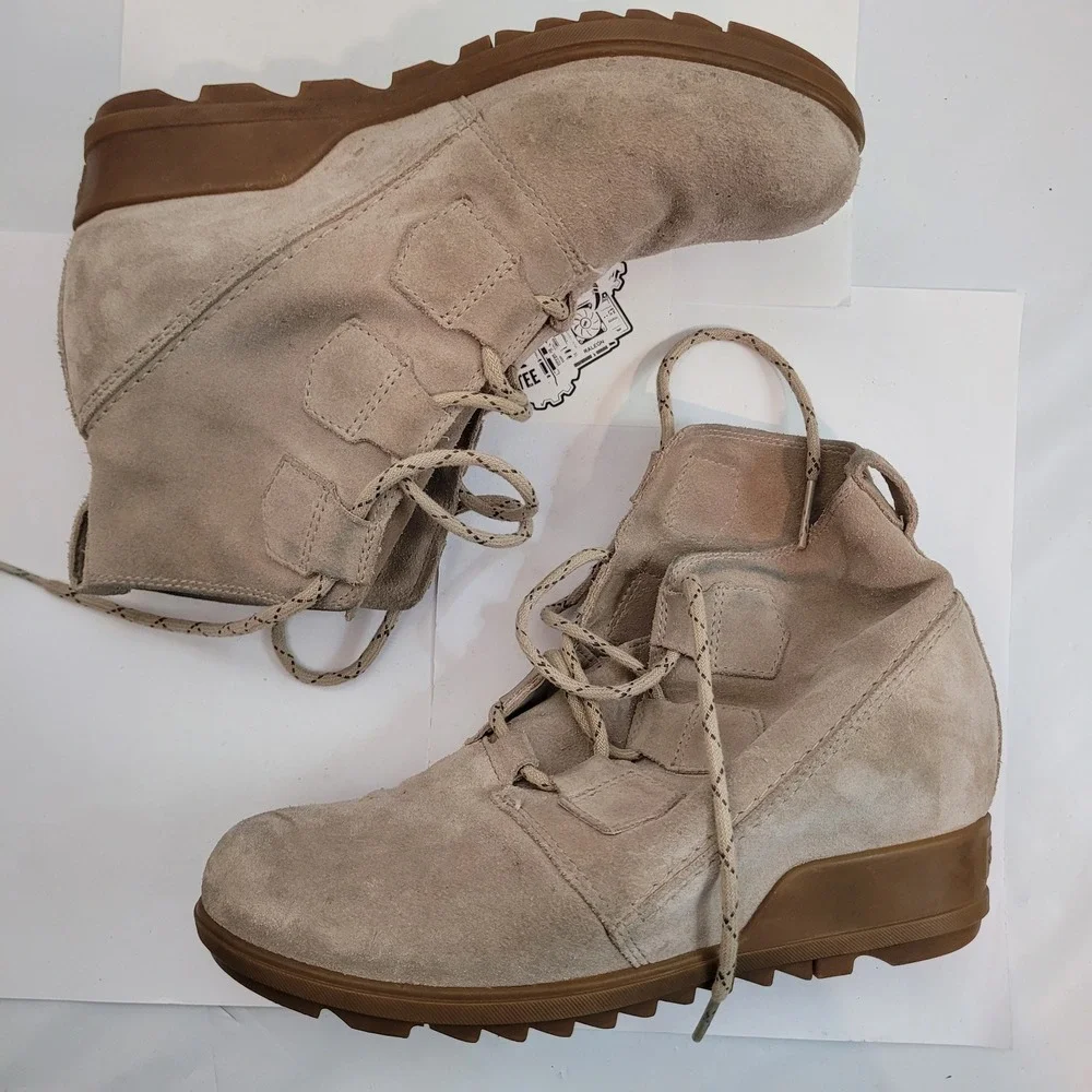 Sorel Evie Sport Lace Leather Boots Womens 9.5 Grey Suede Wedge NL3322-271